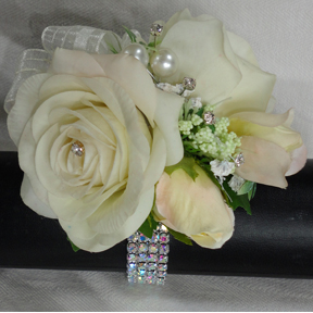 Ivory Fresh Touch Rose wrist corsage with crystals